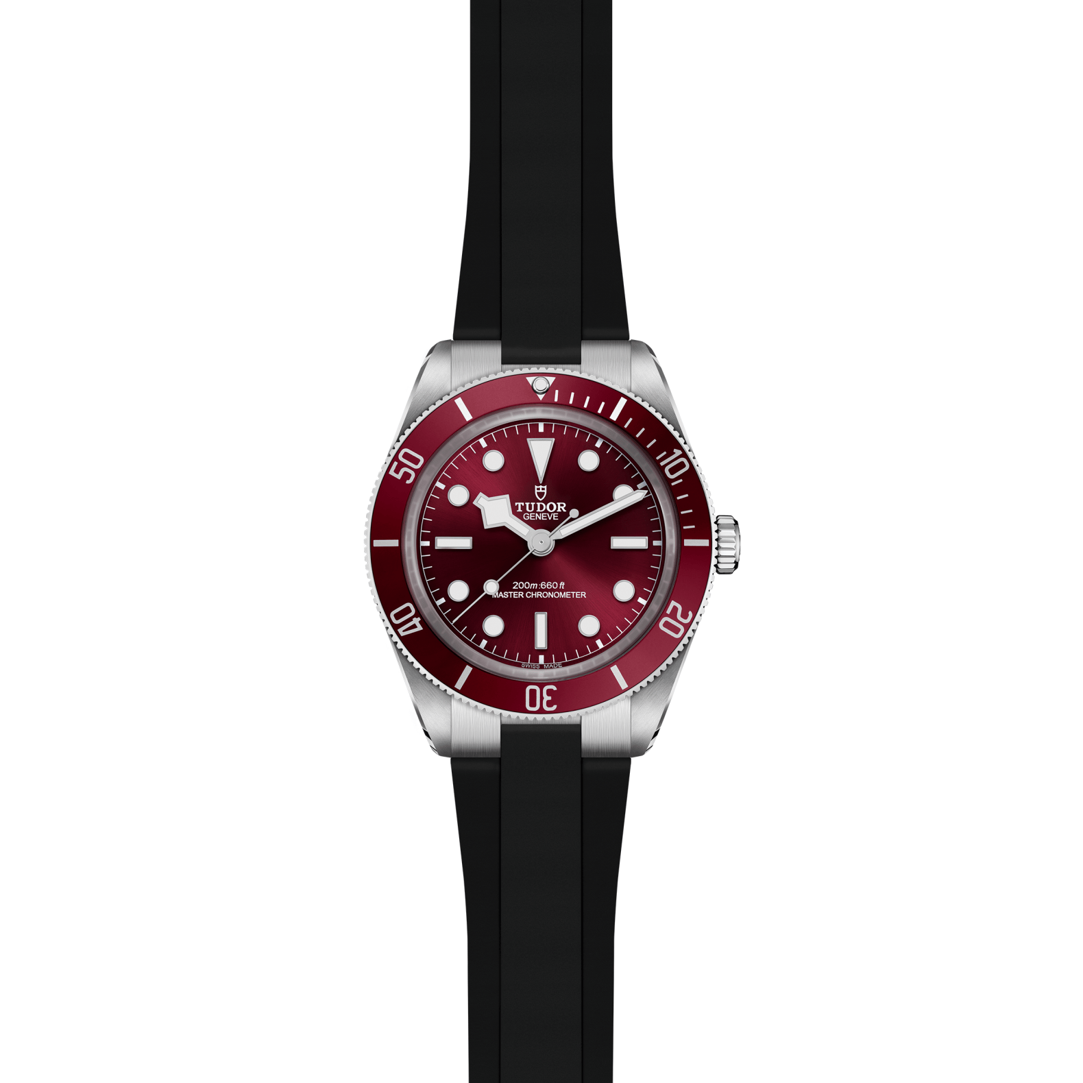 Black Bay diver watch, burgundy dial, black rubber strap — TUDOR GENEVE 200m 660 ft MASTER CHRONOMETER 50 40 30 20 10