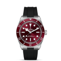 TUDOR burgundy watch, black strap; words GENEVE 200m:660 ft MASTER CHRONOMETER SWISS MADE; bezel 50 40 30 20 10