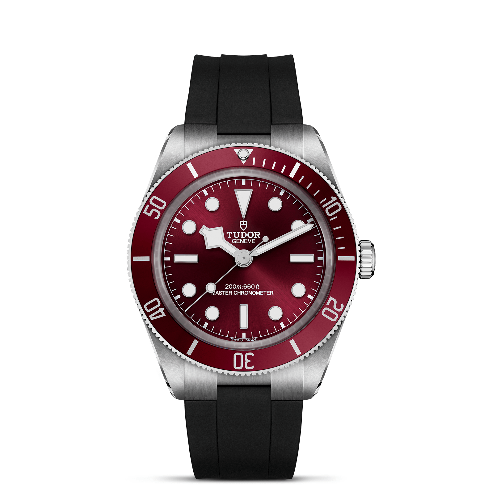 TUDOR burgundy watch, black strap; words GENEVE 200m:660 ft MASTER CHRONOMETER SWISS MADE; bezel 50 40 30 20 10