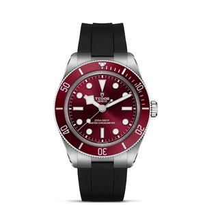 TUDOR burgundy watch, black strap; words GENEVE 200m:660 ft MASTER CHRONOMETER SWISS MADE; bezel 50 40 30 20 10