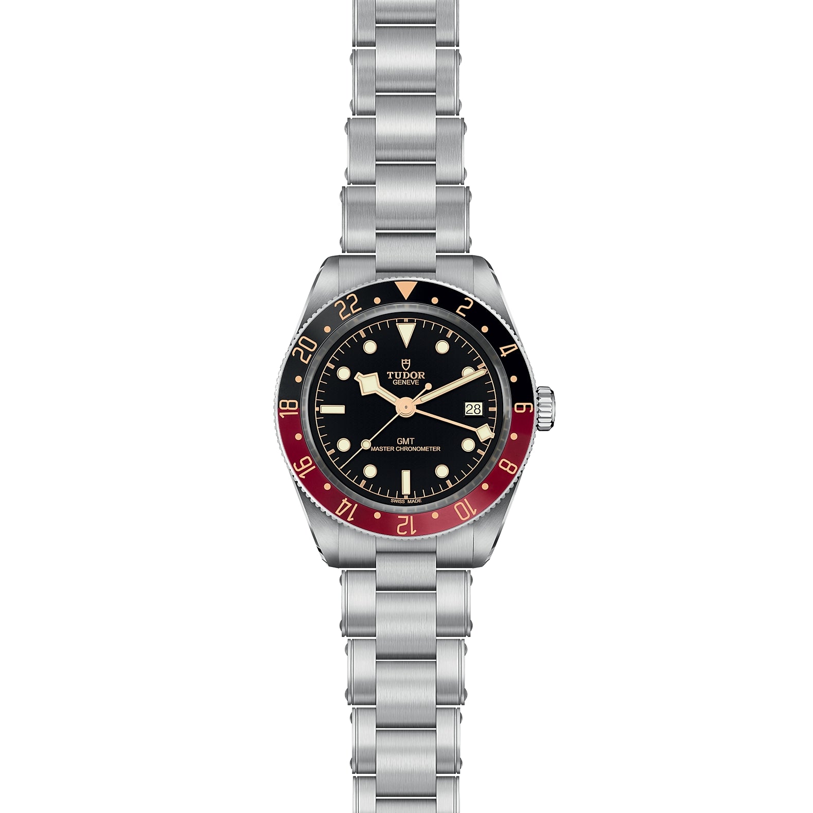 Tudor Black Bay GMT watch, stainless steel bracelet, black dial, burgundy-and-black 24-hour bezel, date 28