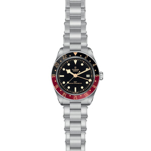 Tudor Black Bay GMT watch, stainless steel bracelet, black dial, burgundy-and-black 24-hour bezel, date 28