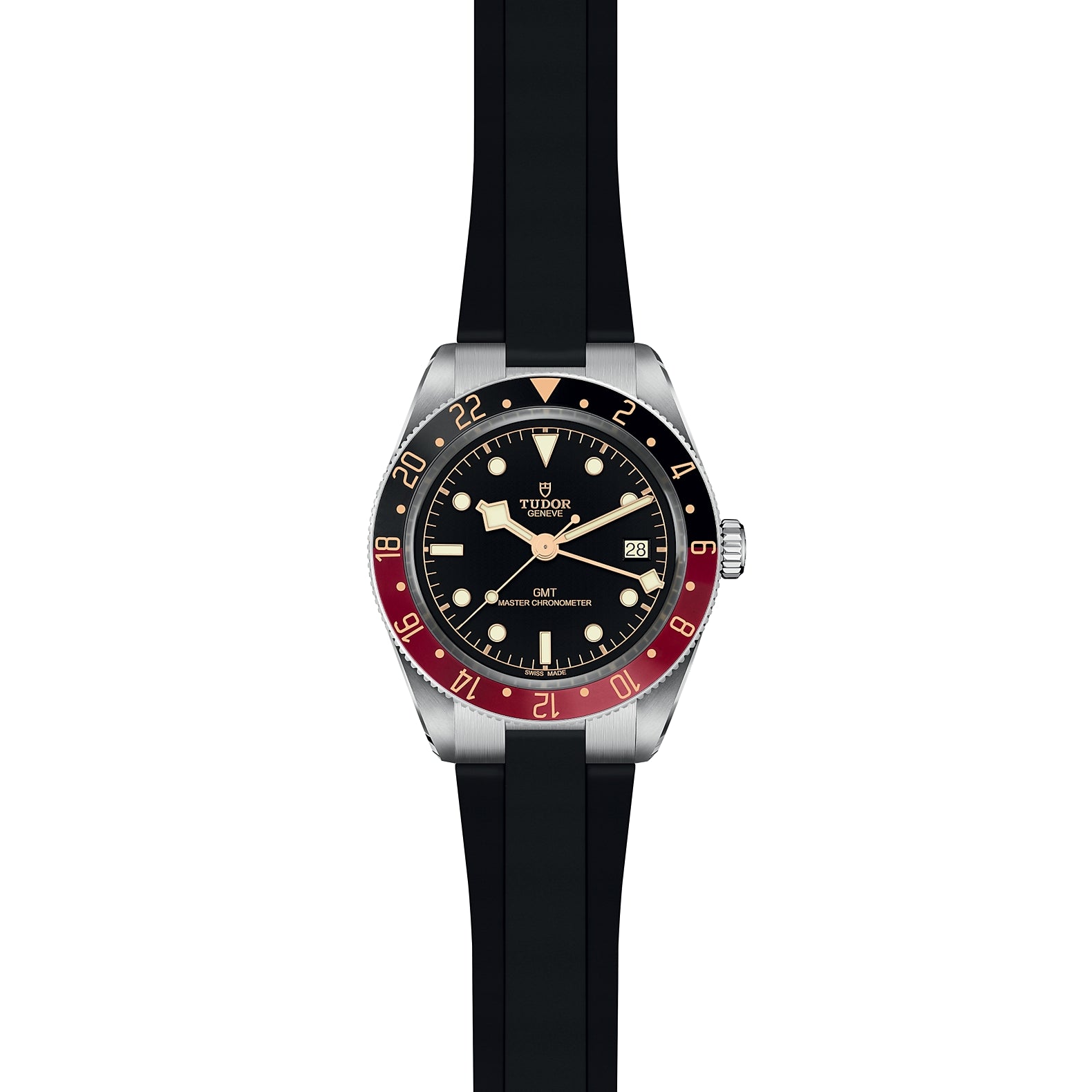 TUDOR Black Bay 58 GMT watch, dial text: TUDOR GENEVE GMT MASTER CHRONOMETER 28 SWISS MADE