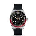 TUDOR Black Bay GMT with red/black 24h bezel — visible text: TUDOR GENEVE GMT MASTER CHRONOMETER SWISS MADE 28