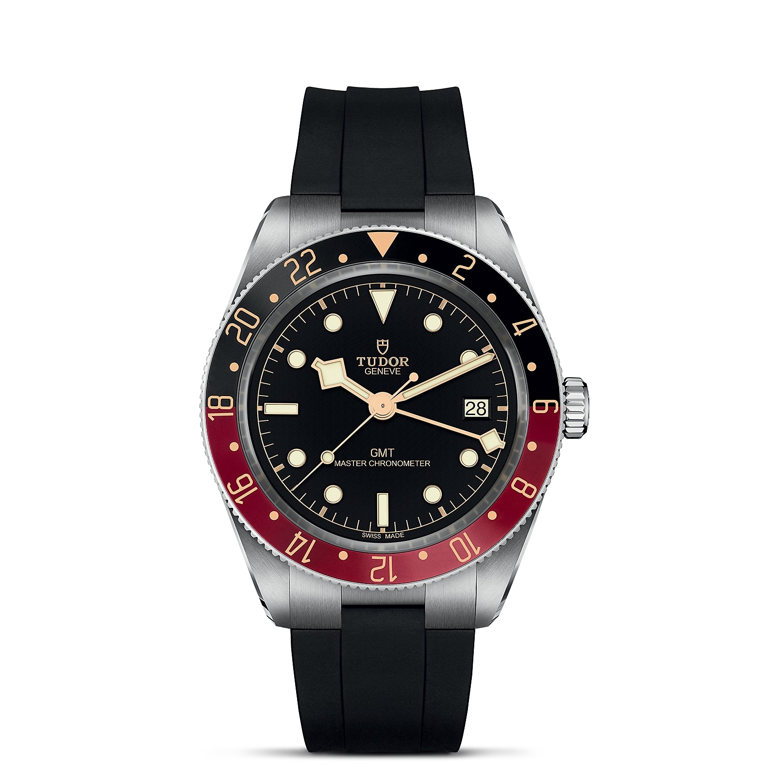 TUDOR Black Bay GMT with red/black 24h bezel — visible text: TUDOR GENEVE GMT MASTER CHRONOMETER SWISS MADE 28