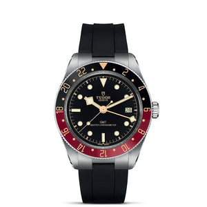 TUDOR Black Bay GMT with red/black 24h bezel — visible text: TUDOR GENEVE GMT MASTER CHRONOMETER SWISS MADE 28