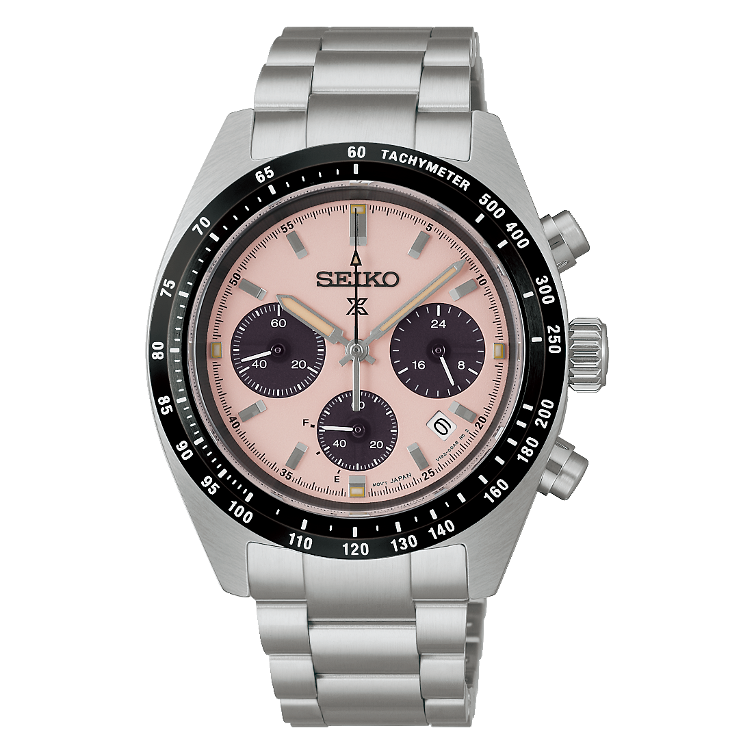 Seiko watch with a silver metal strap on a white background