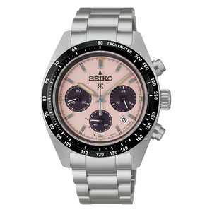 Seiko watch with a silver metal strap on a white background