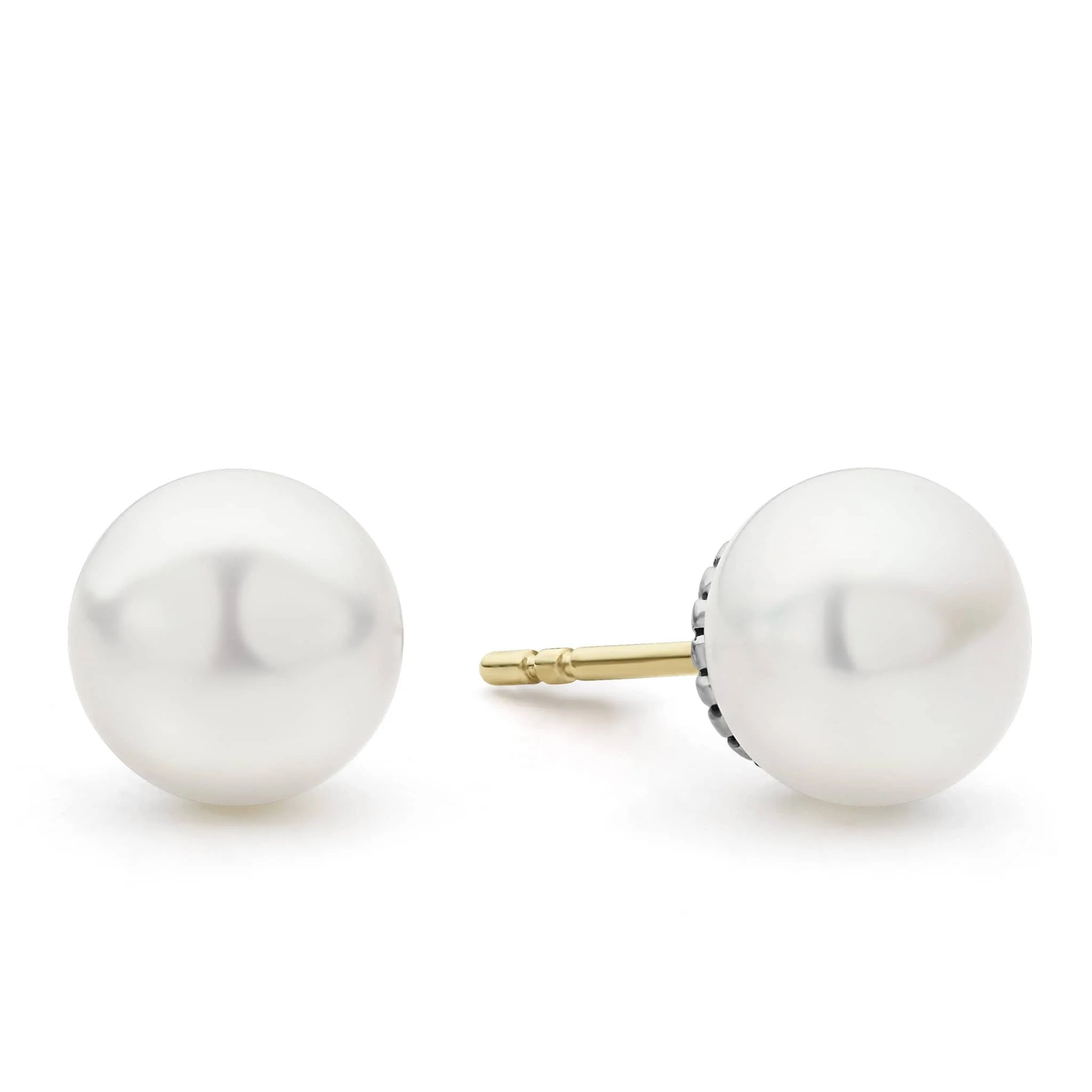 pearl stud earring with gold post on a white background