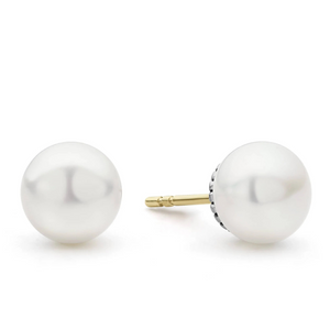 pearl stud earring with gold post on a white background