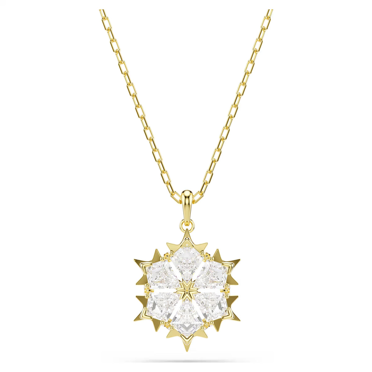 snowflake necklace made with crystals and trimmed in a gold finish with a gold tone chain