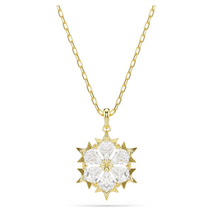 snowflake necklace made with crystals and trimmed in a gold finish with a gold tone chain