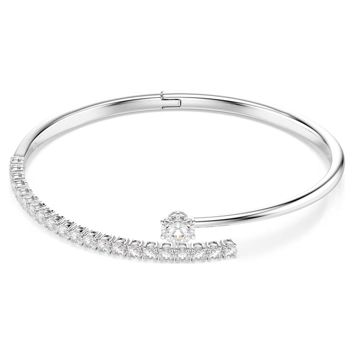 Silver tone open bangle bracelet with zirconia stones on white background