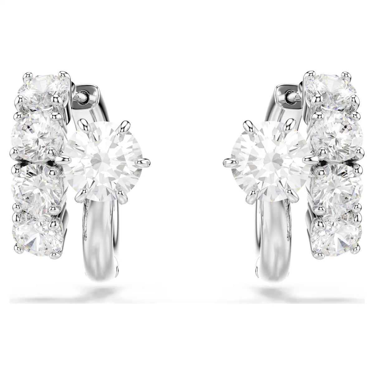 silver tone zirconia hoop earrings on a white background