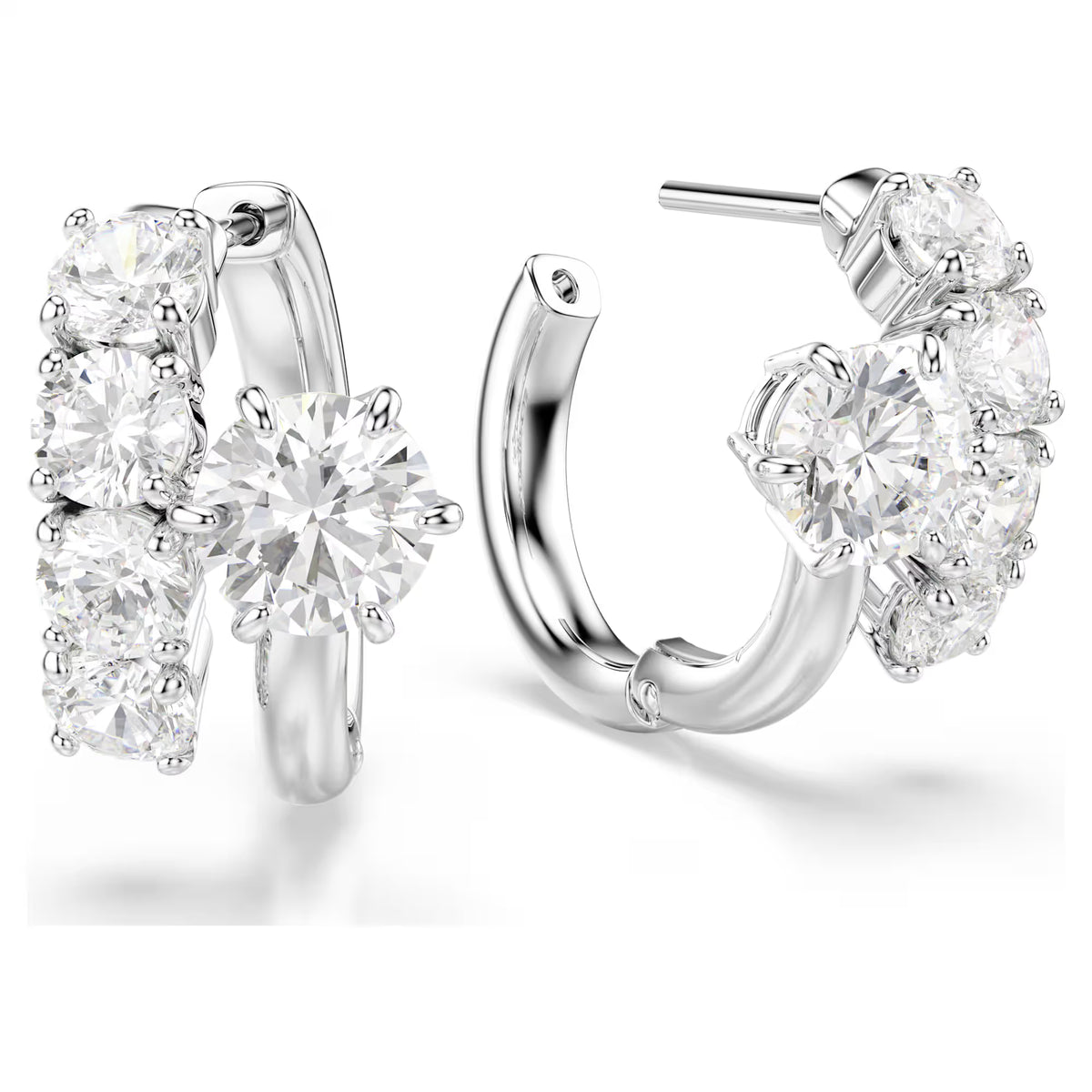 silver tone zirconia hoop earrings on a white background