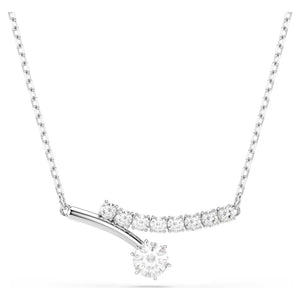 Silver tone round stone necklace on a white background