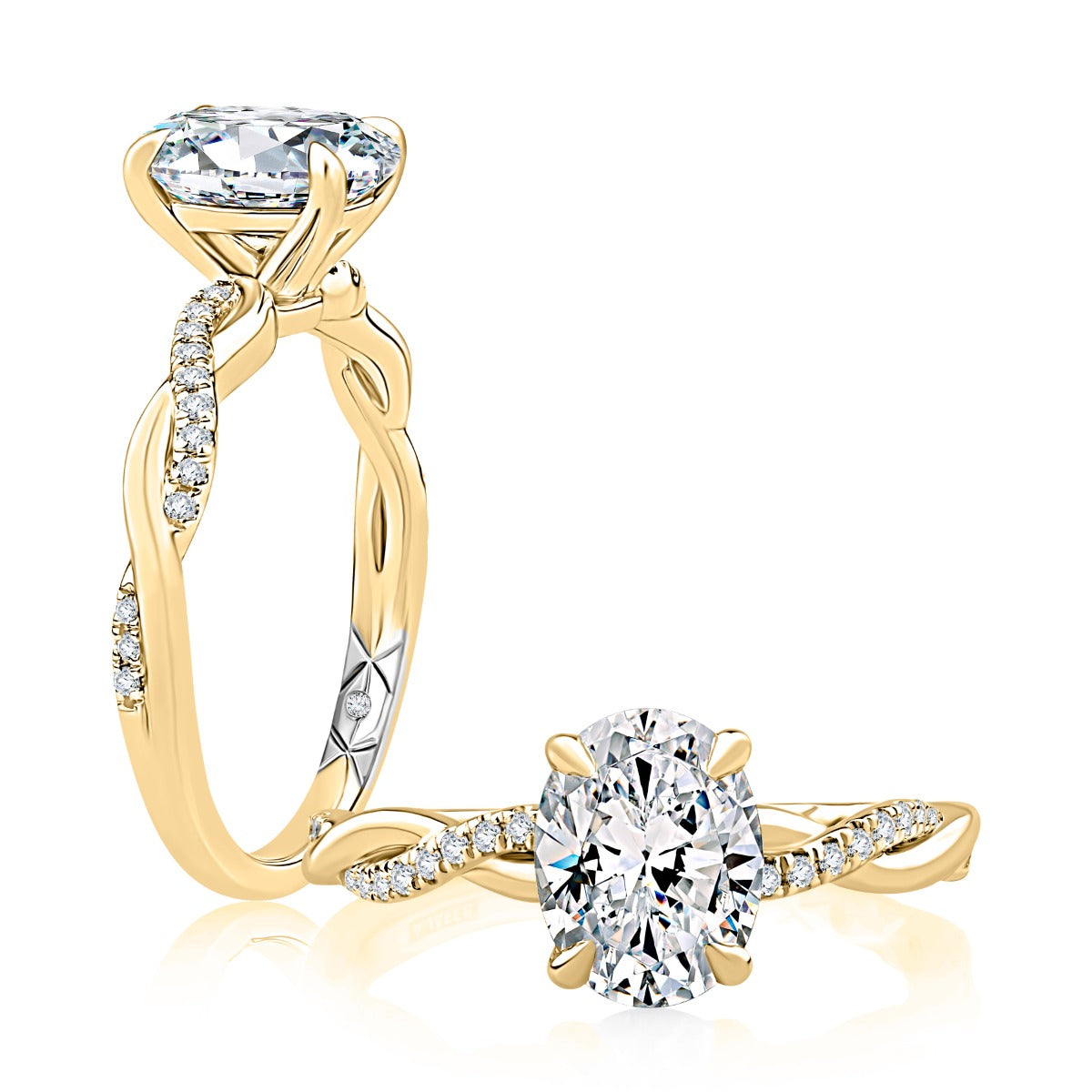 Alternating Plain Metal and Diamond Split Shank Crossover Oval Cut Engagement Ring