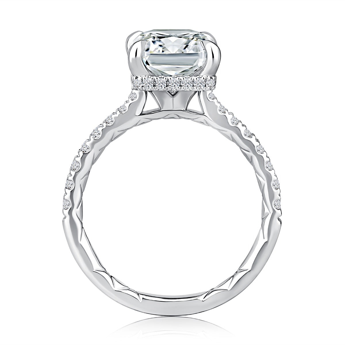 Radiant Shaped Diamond Engagement Ring with Hidden Halo and Quilted Interior Diamond Band