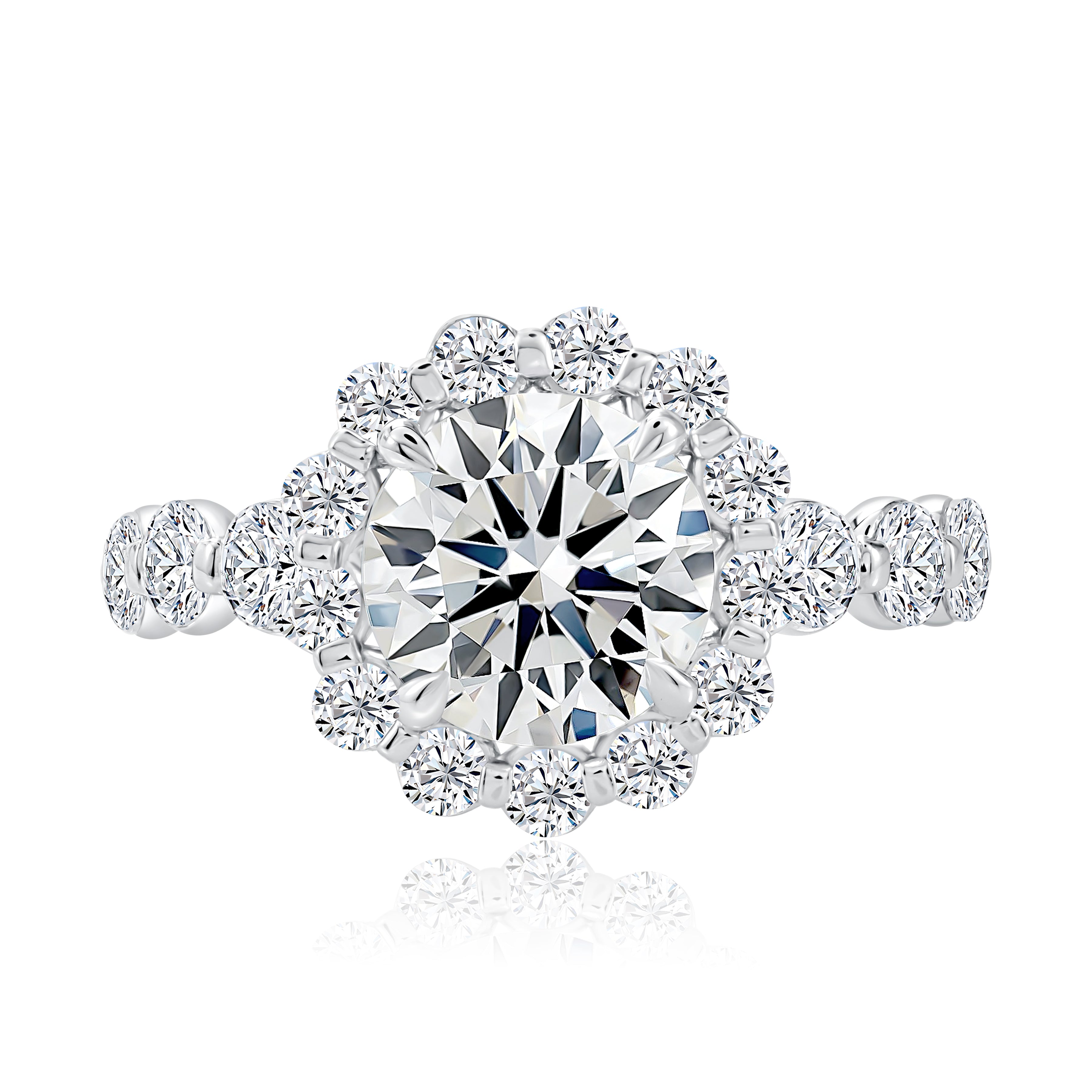 1.25ctw Round Diamond Halo Engagement Ring with Halfway Shared Prong Lotus Diamond Band