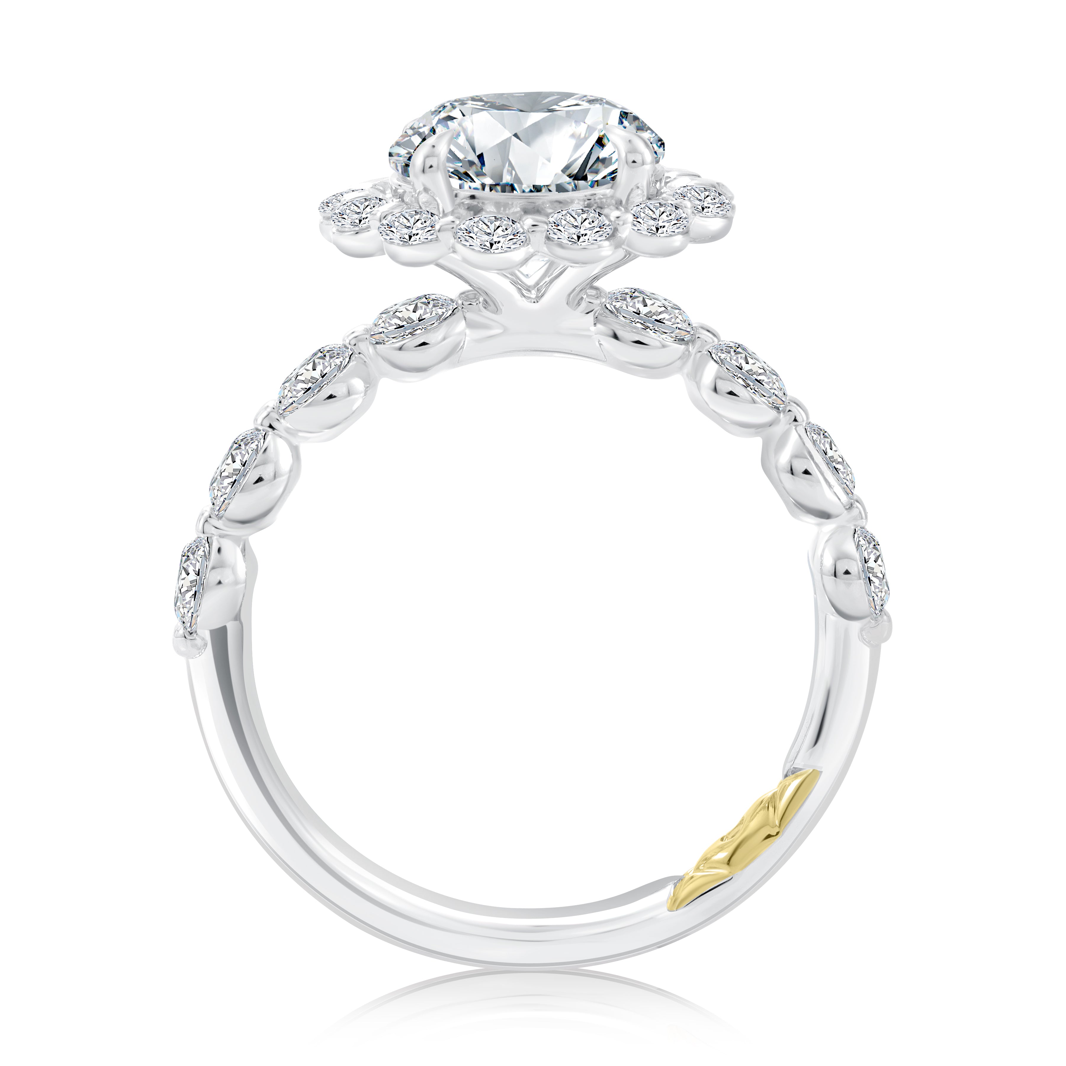 1.25ctw Round Diamond Halo Engagement Ring with Halfway Shared Prong Lotus Diamond Band