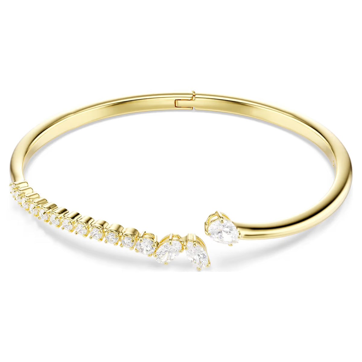 gold tone open bangle with mixed cut stones on a white background