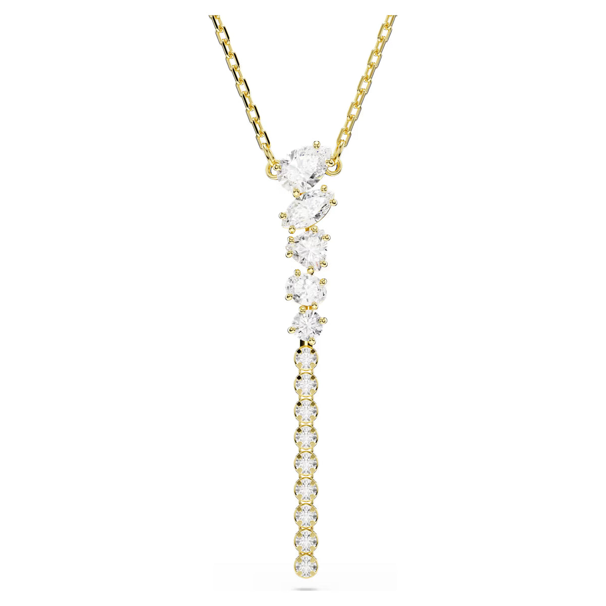 Gold tone Zirconia arranged in a gradient of sizes, this y-shape necklace on a white background