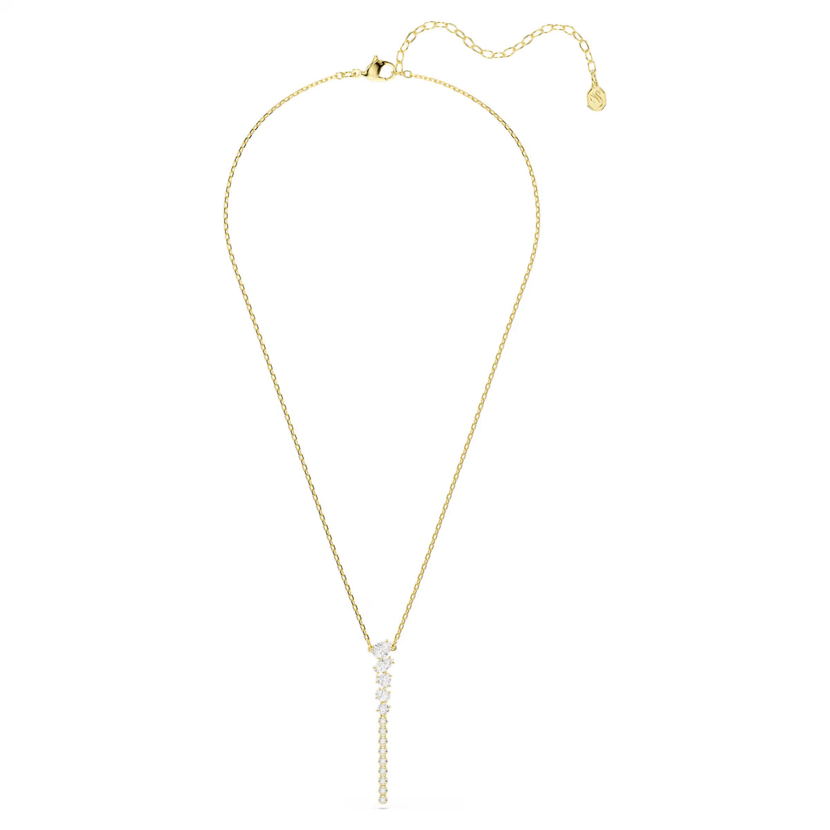 Gold tone Zirconia arranged in a gradient of sizes, this y-shape necklace on a white background