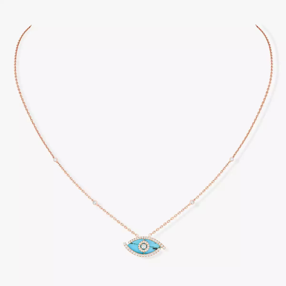 Necklace with a blue evil eye pendant on a white background