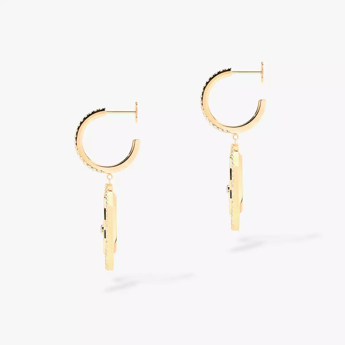 Gold hoop earrings with dangling gold bars on a white background - side view