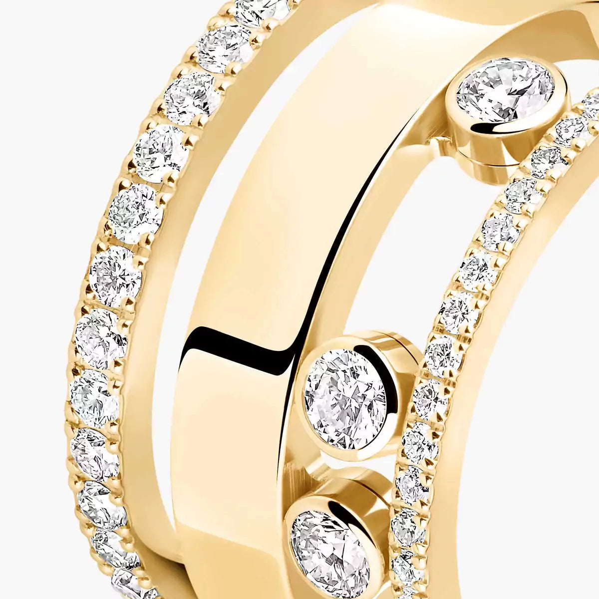 Gold ring with diamond accents on a white background