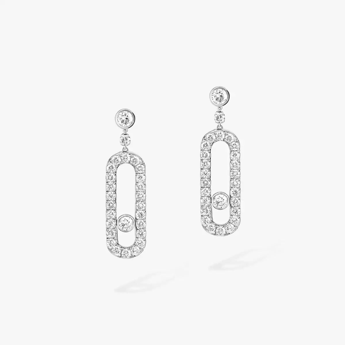 White gold diamond dangle earrings with elongated open oval pave halo and bezel-set round diamonds, 0.41 ctw