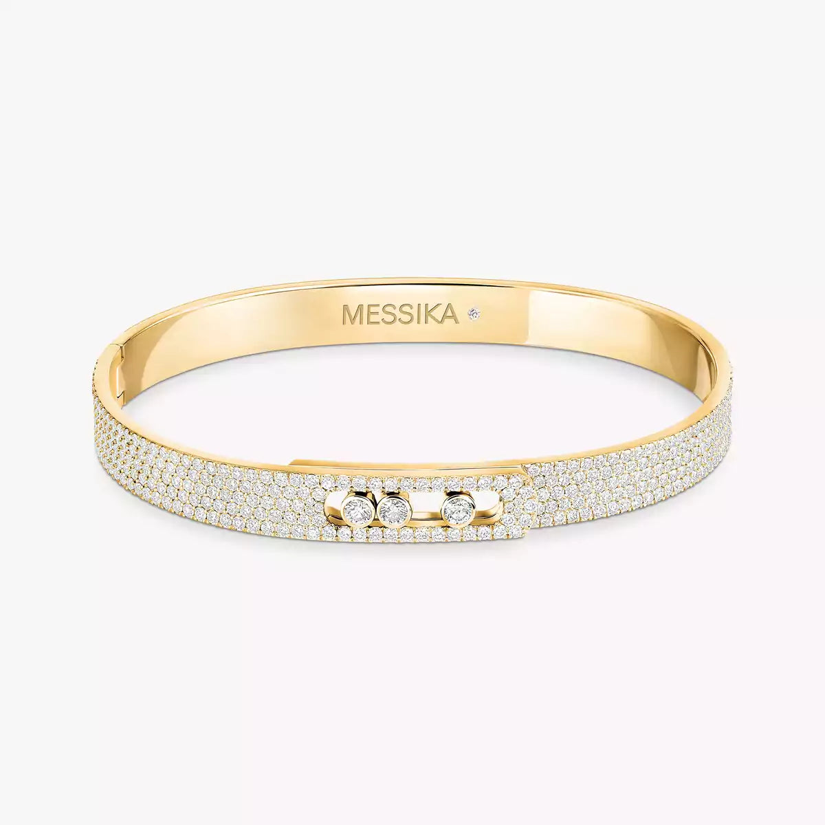 Front of yellow gold bangle bracelet with 2.35 ctw pave diamonds and three mobile bezel-set diamonds on white background