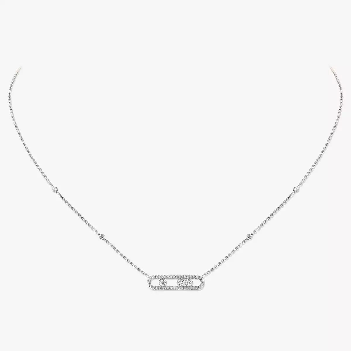 Silver necklace with a small pendant on a white background
