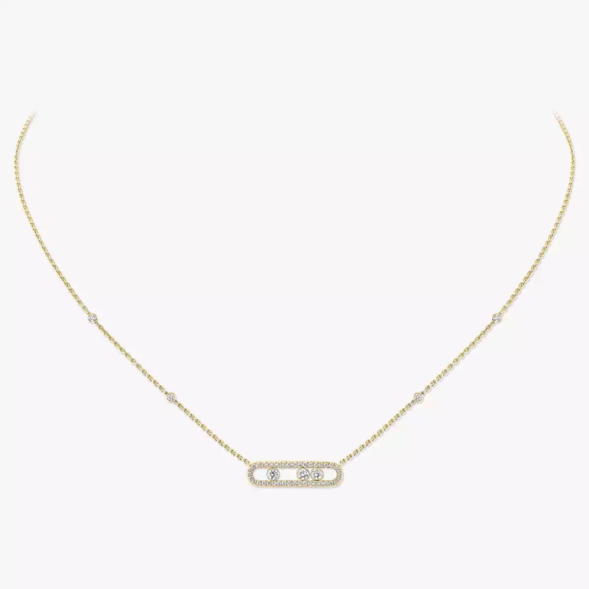 Gold necklace with small diamonds on a white background