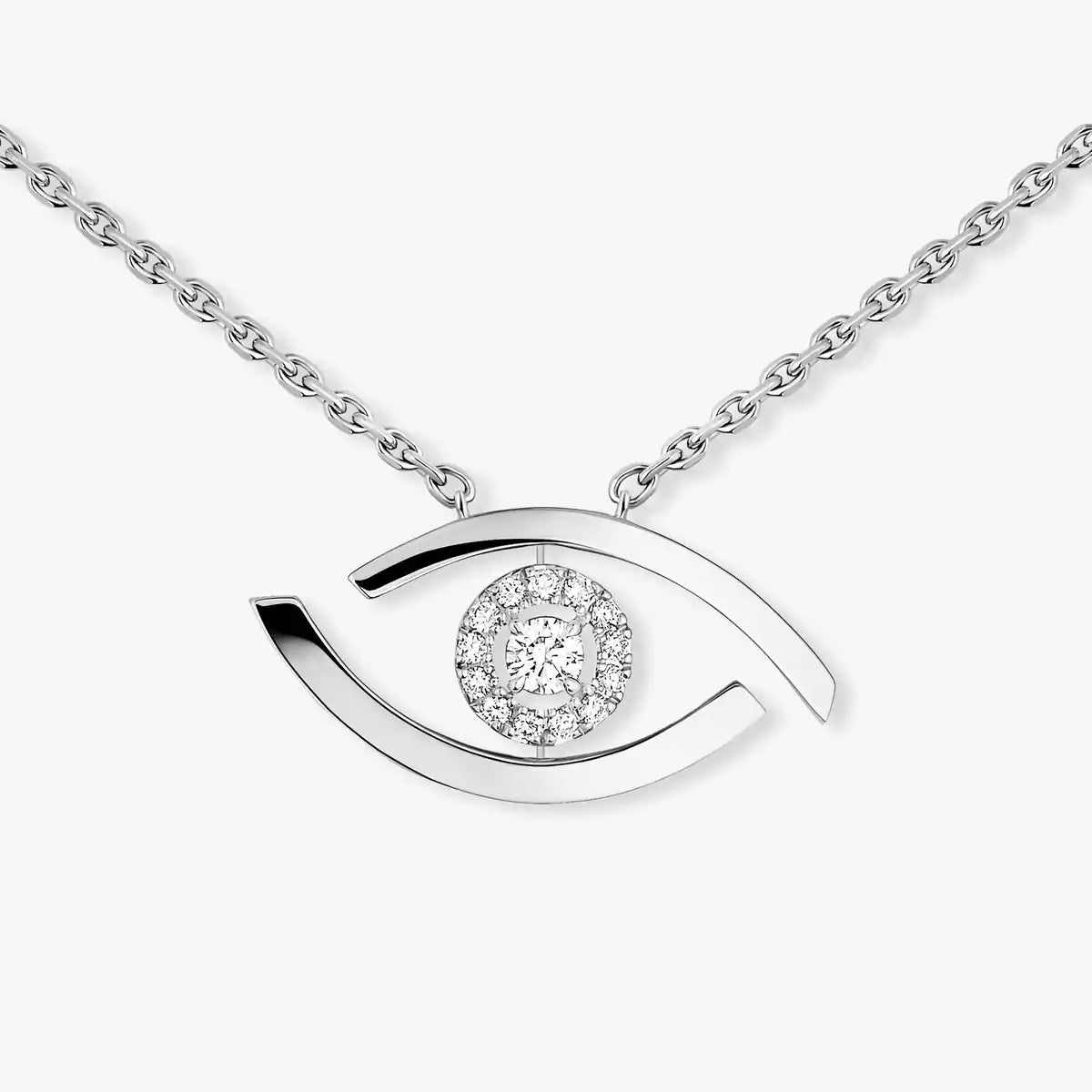 Silver eye-shaped pendant with a diamond on a white background