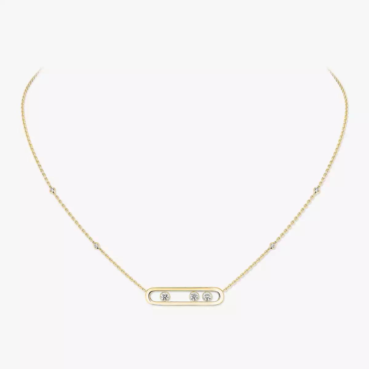 Gold necklace with small diamonds on a white background