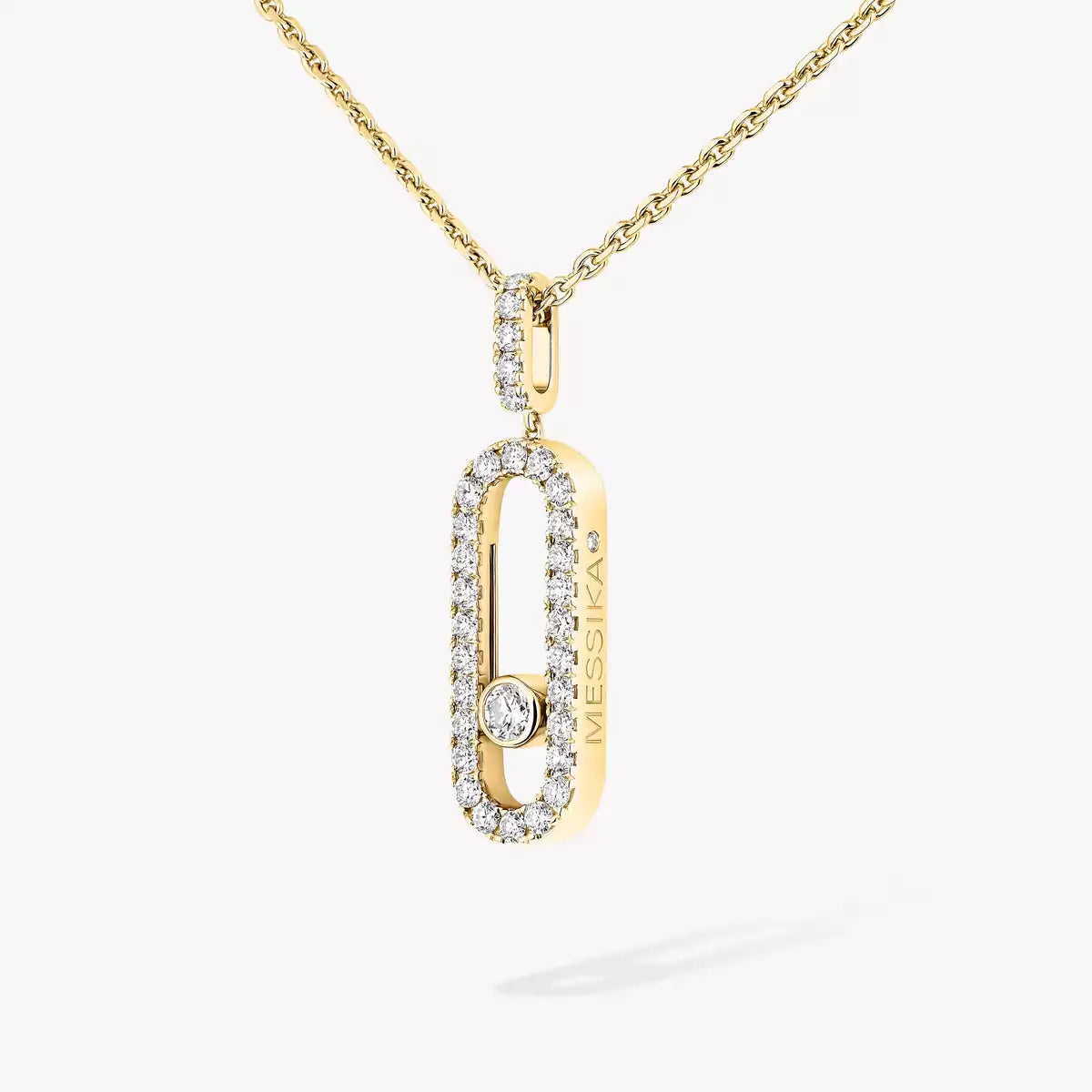 Gold necklace with a diamond pendant on a white background