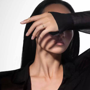 Person wearing a black shirt with a hand covering their face, wearing gold rings.