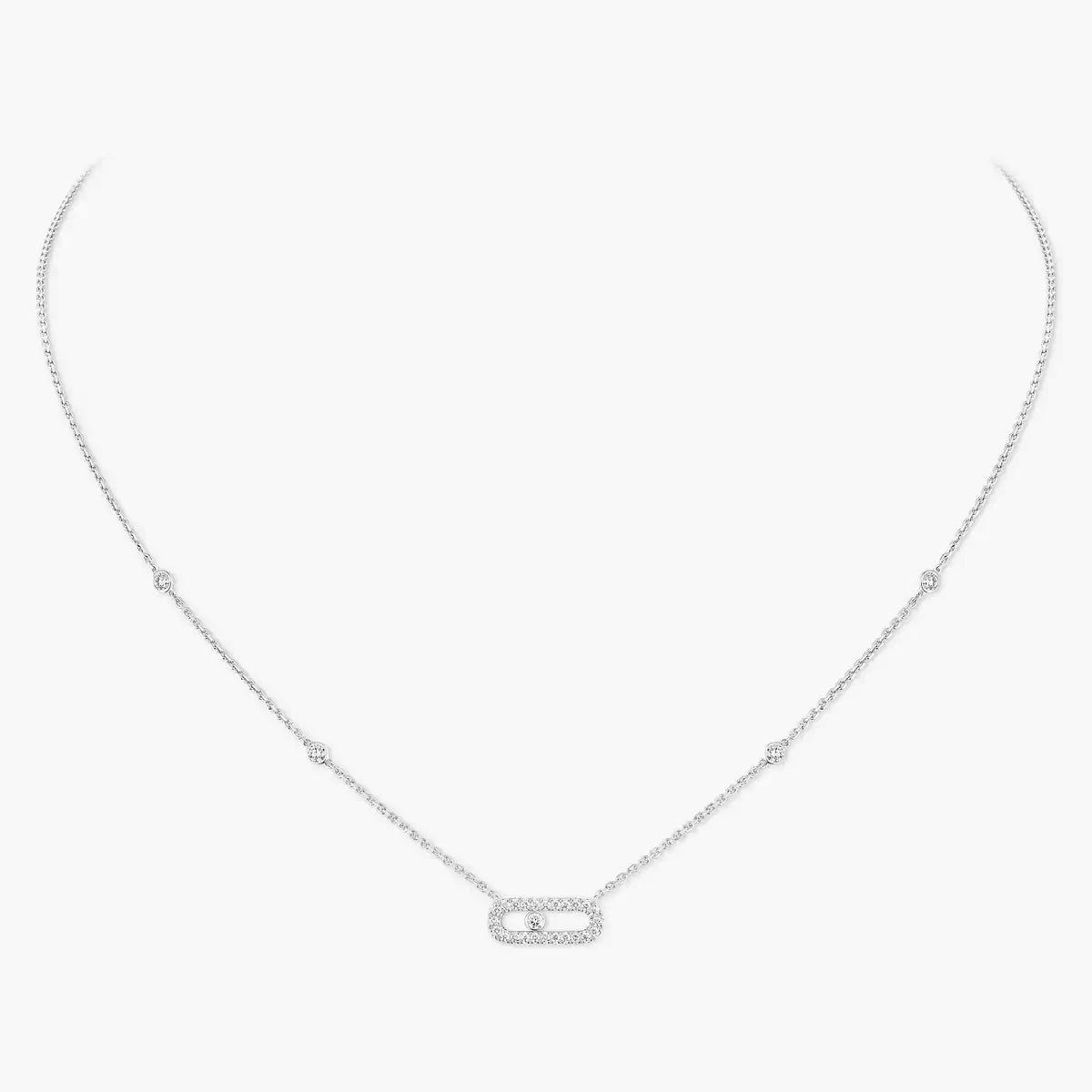 Silver necklace with a small pendant on a white background