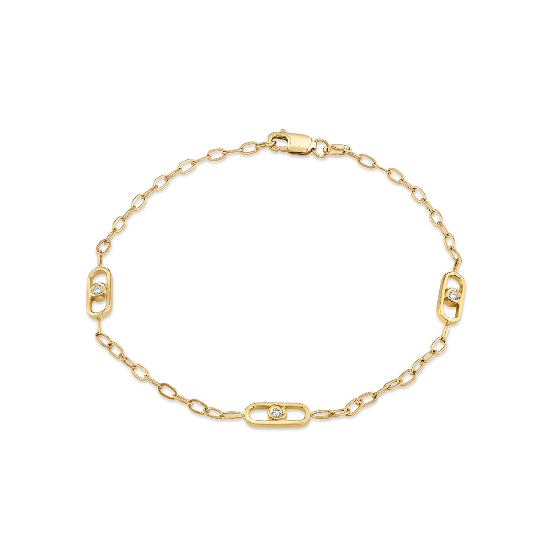Delicate yellow gold chain bracelet with three rectangular diamond-set links and a lobster clasp.