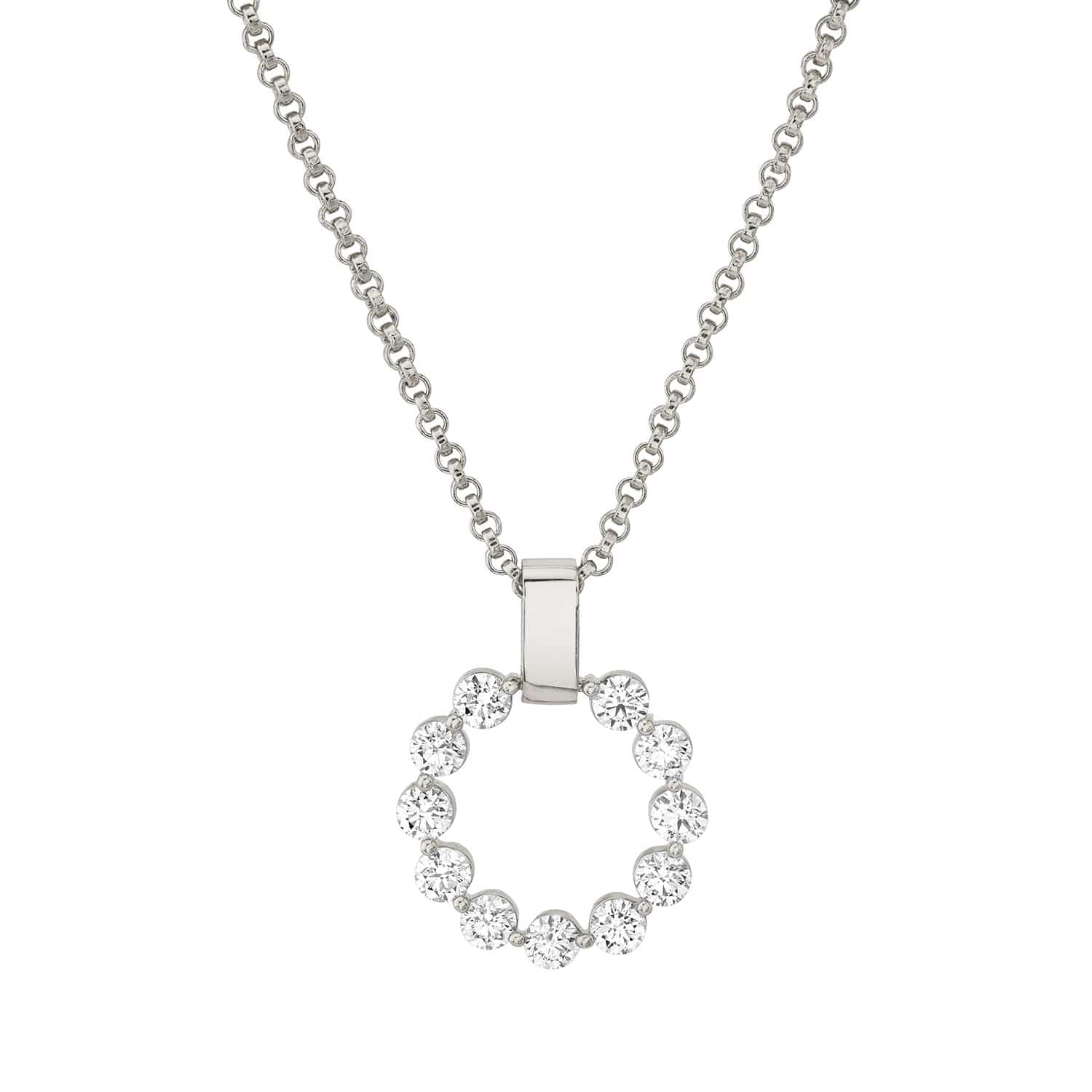 Front view of 14k white gold large Cloud pendant with 1.85 ctw shared-prong diamond circle on white background