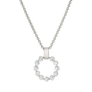 Front view of 14k white gold large Cloud pendant with 1.85 ctw shared-prong diamond circle on white background
