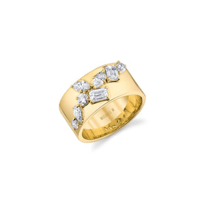 Gold wide band ring with clustered baguette, marquise and round diamonds; inner engraving "MICHAEL M".