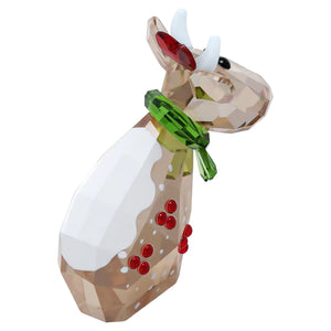 back of Mo a crystal figurine with red holly and a green scarf and red bow with snow on its back on a white background