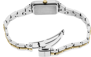 Rear view of a two-tone stainless steel and yellow gold women's watch with a rectangular case and link bracelet, on a white background.