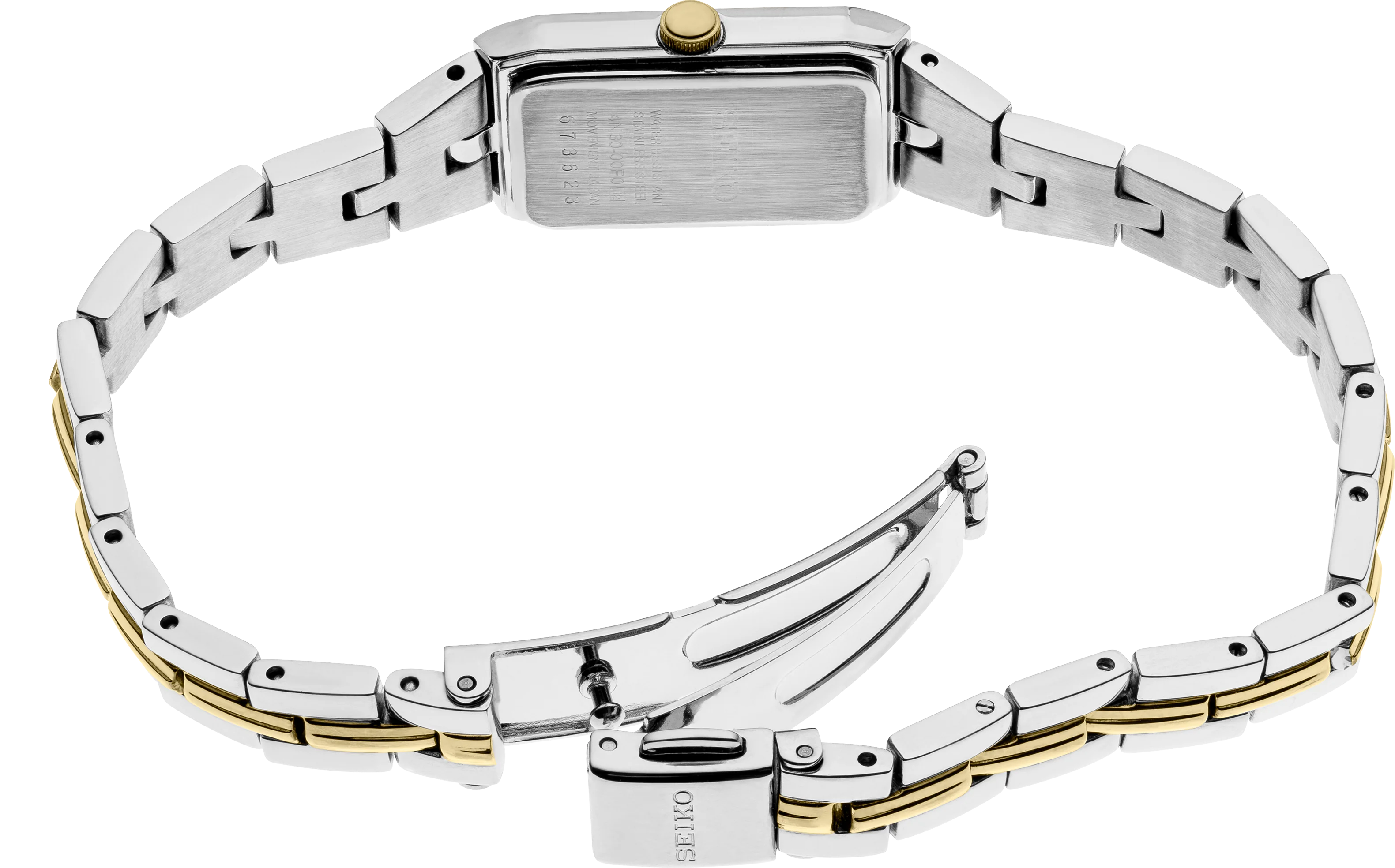 Rear view of a two-tone stainless steel and yellow gold women's watch with a rectangular case and link bracelet, on a white background.