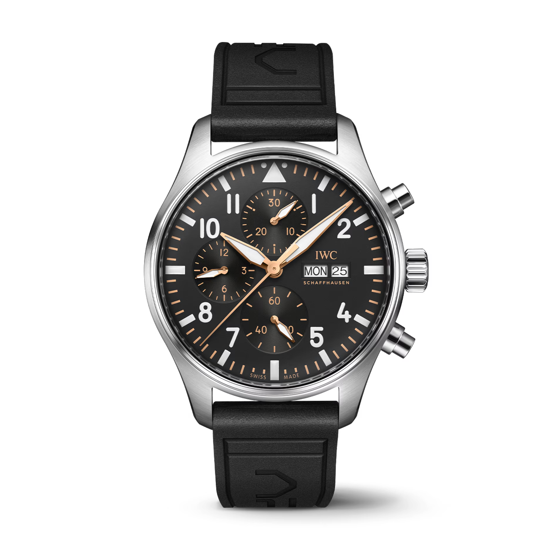 Steel Pilot's chronograph, black dial and gold hands; IWC logo, day/date MON 25, SCHAFFHAUSEN, SWISS MADE, subdials 30 20 10 60 40