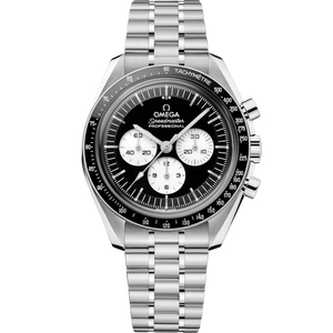 Omega steel watch with black dial on white background