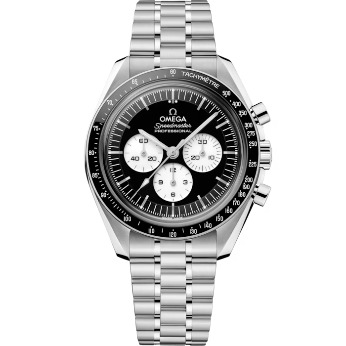 Omega steel watch with black dial on white background