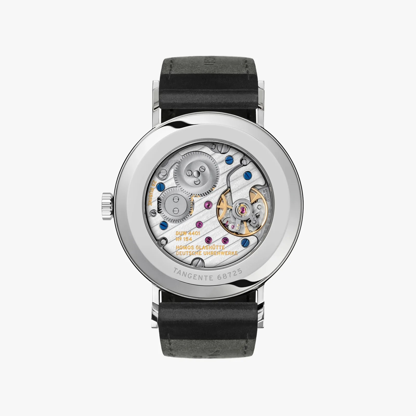 Watch with black strap and visible mechanical components on a white background